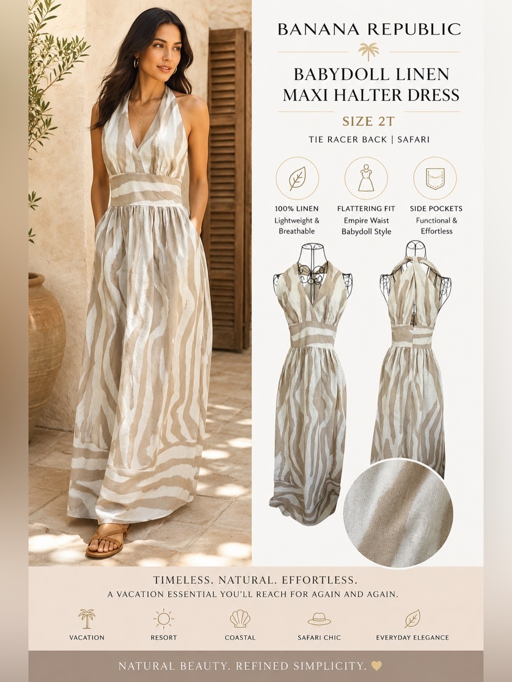 Banana Republic 100% Linen Halter Maxi Dress 2T Safari Resort Coastal Vacation